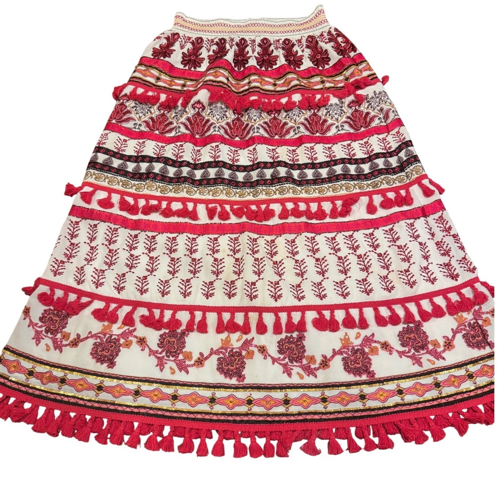 Alice + Olivia by Stacey Bendet Maxi Skirt 8 Embroidered Tassel Boho India Sz 8